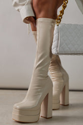 Faux Leather Double Platform Square Toe Chunky Block Heel Knee High Boot - White
